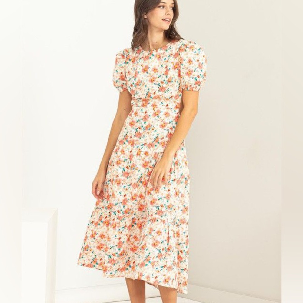 HYFVE Floral Puff Sleeve Dress - Orange and Green